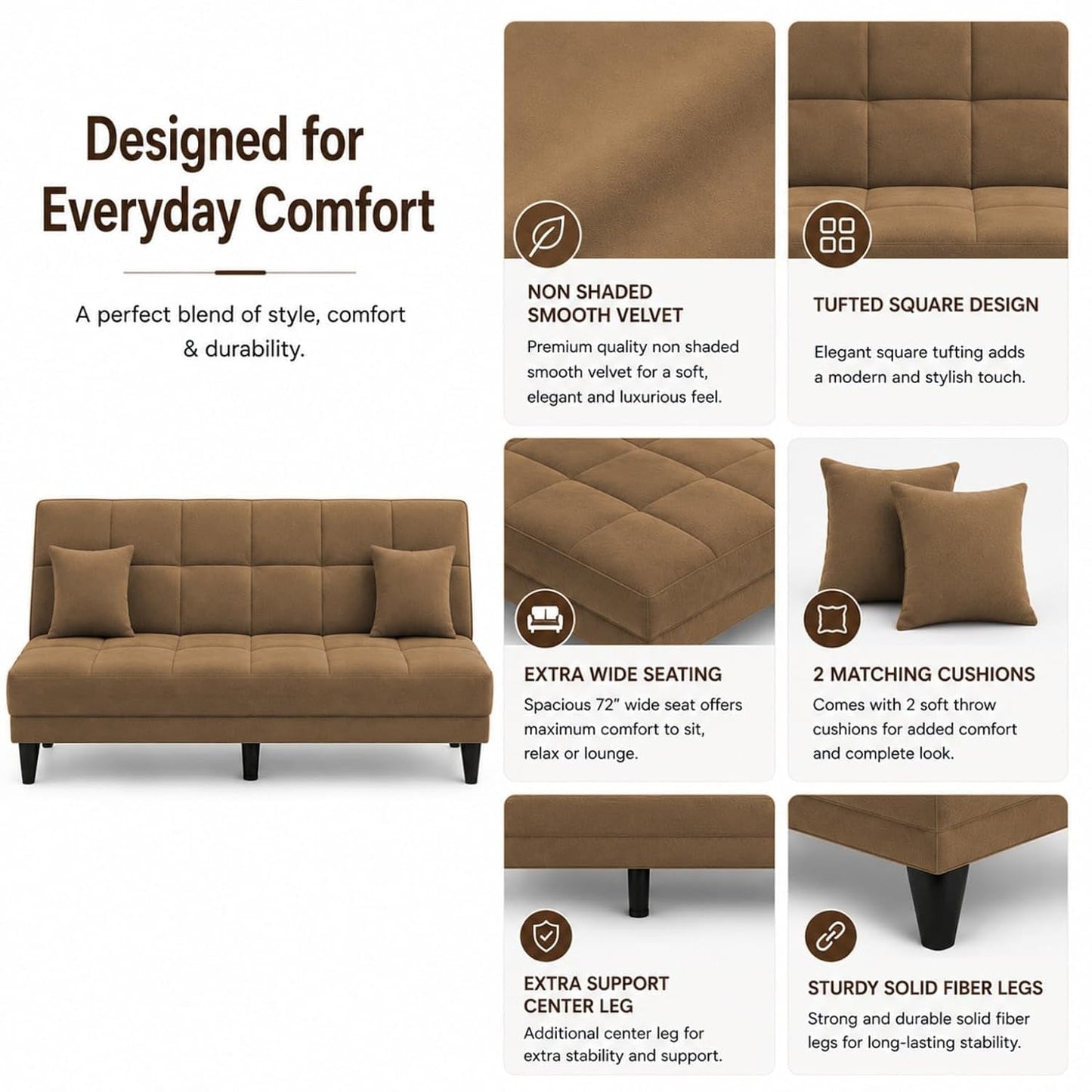 Adorn India Alyssum 3 Seater Sofa Cum Bed 4X6 Velvet 2 Cushions (Color Camel) and Suitable for All Indoor, with 3 Years Warranty