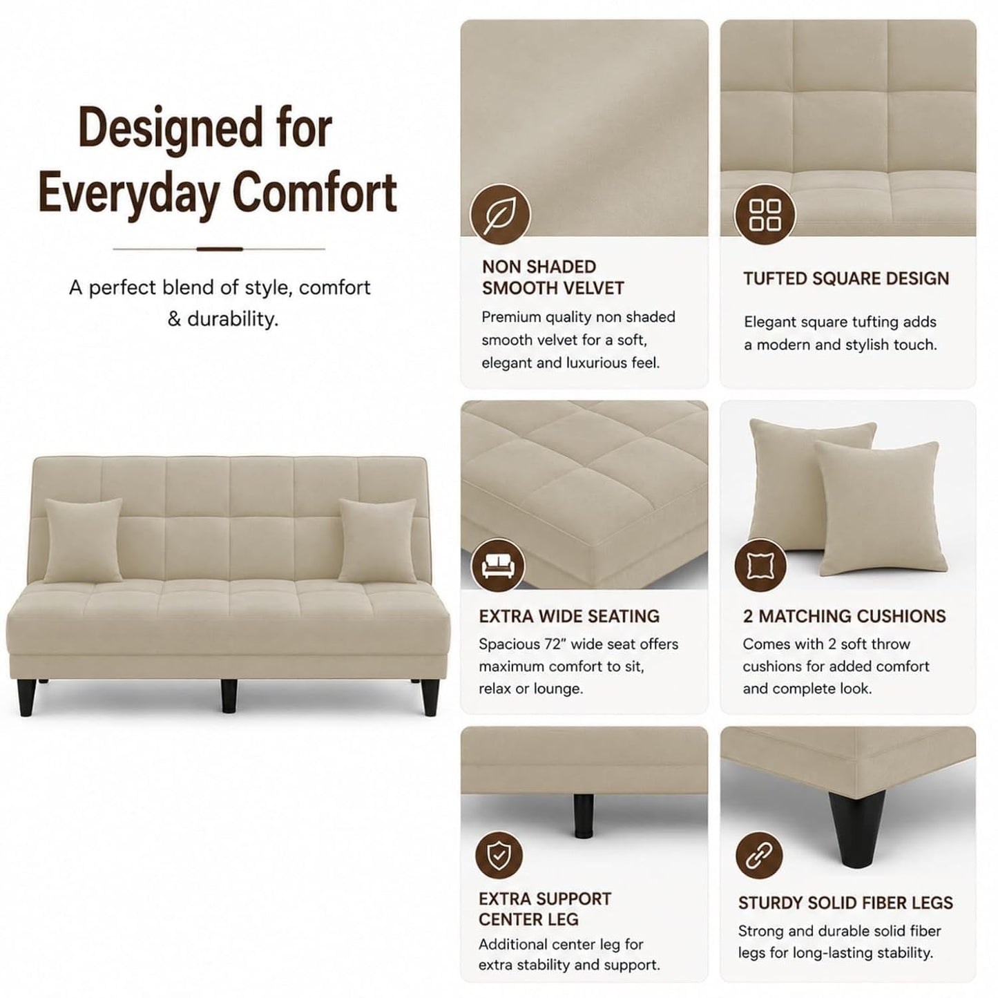 Adorn India Alyssum 3 Seater Sofa Cum Bed 4X6 Velvet 2 Cushions (Color Beige) and Suitable for All Indoor, with 3 Years Warranty