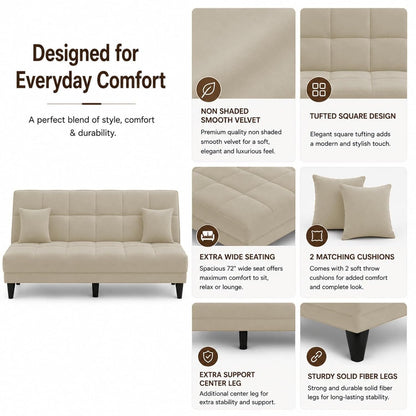 Adorn India Alyssum 3 Seater Sofa Cum Bed 4X6 Velvet 2 Cushions (Color Beige) and Suitable for All Indoor, with 3 Years Warranty