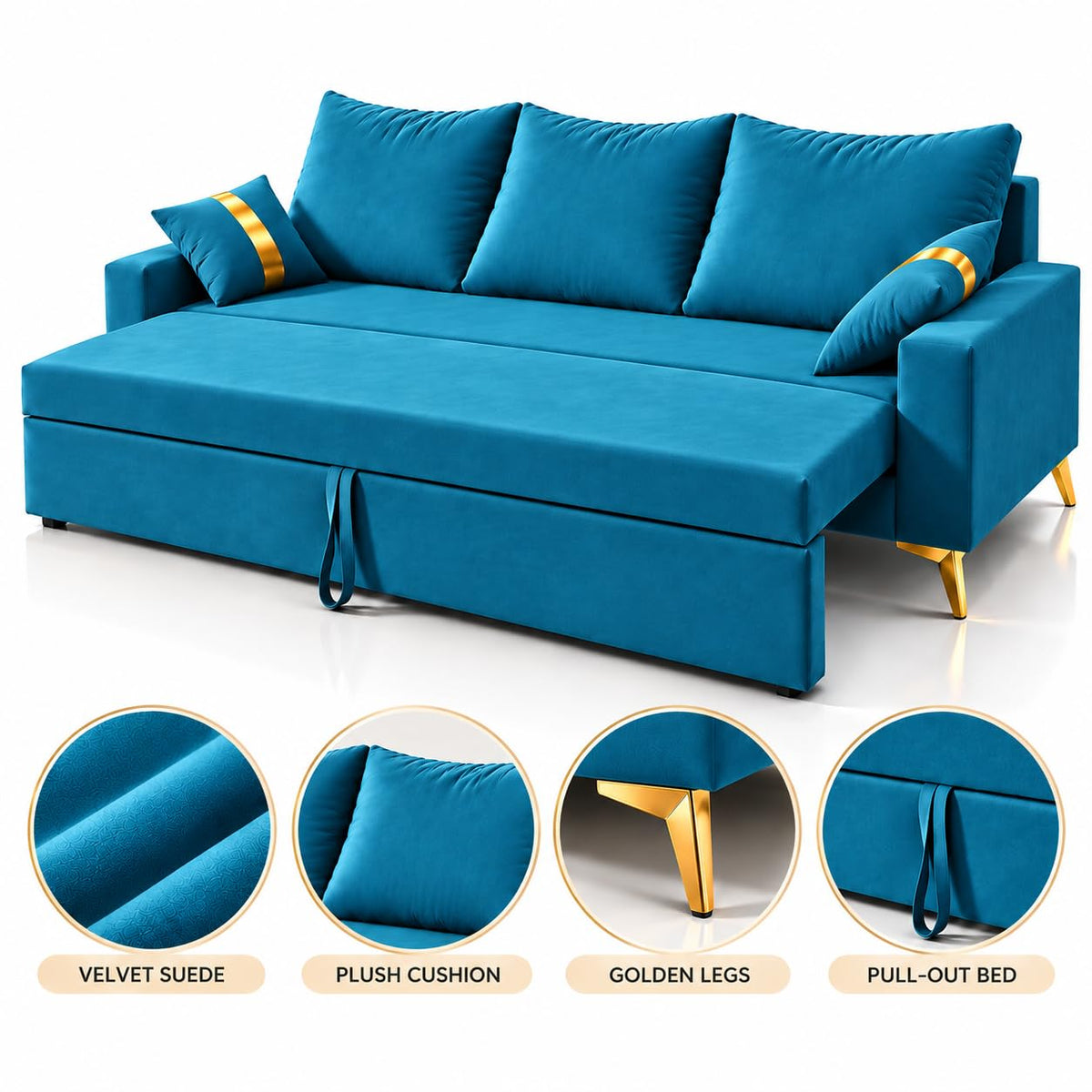 Adorn India Damian Plus 3-Seater Sofa Cum Bed | Velvet Suede Fabric |Aqua Blue