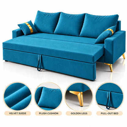 Adorn India Damian Plus 3-Seater Sofa Cum Bed | Velvet Suede Fabric |Aqua Blue