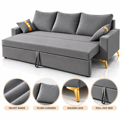 Adorn India Damian Plus 3-Seater Sofa Cum Bed | Velvet Suede Fabric | Grey