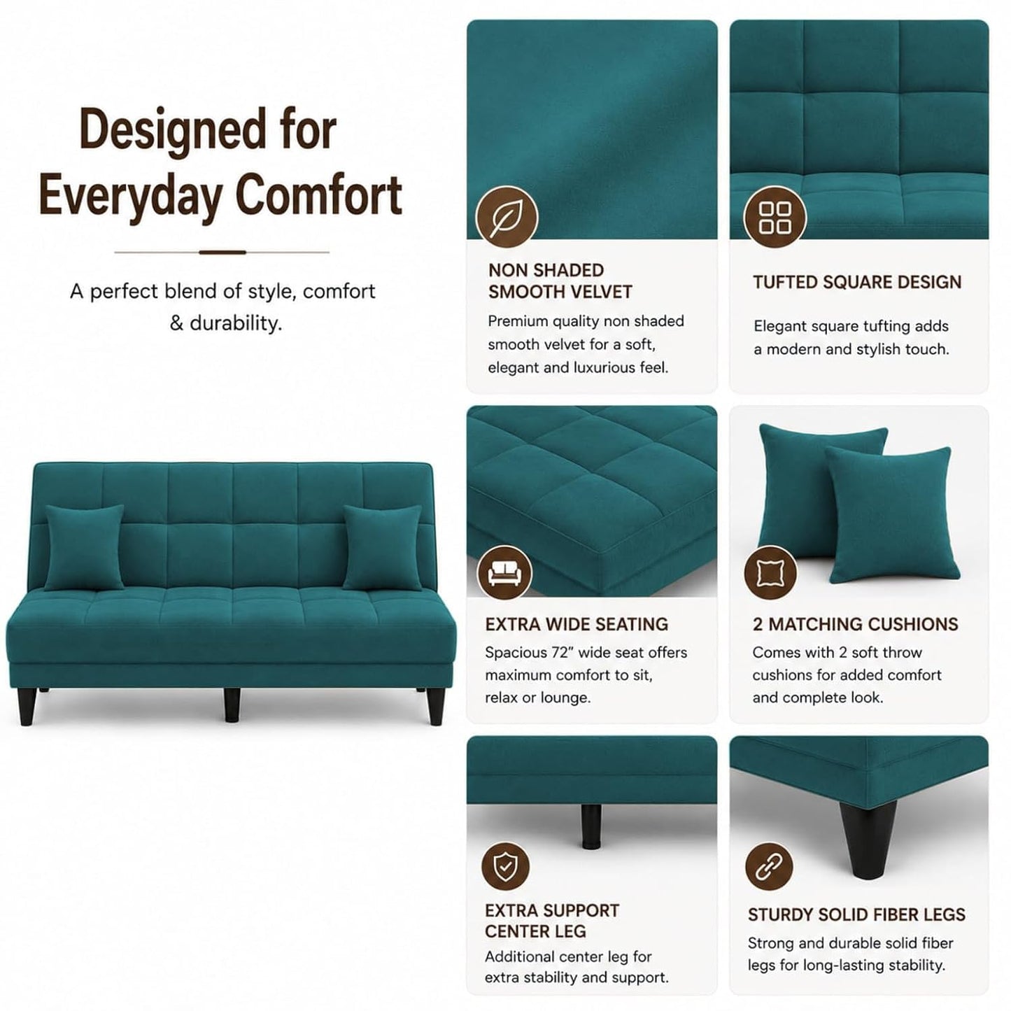 Adorn India Alyssum 3 Seater Sofa Cum Bed 4X6 Velvet 2 Cushions (Color Aqua Blue) and Suitable for All Indoor, with 3 Years Warranty