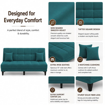 Adorn India Alyssum 3 Seater Sofa Cum Bed 4X6 Velvet 2 Cushions (Color Aqua Blue) and Suitable for All Indoor, with 3 Years Warranty