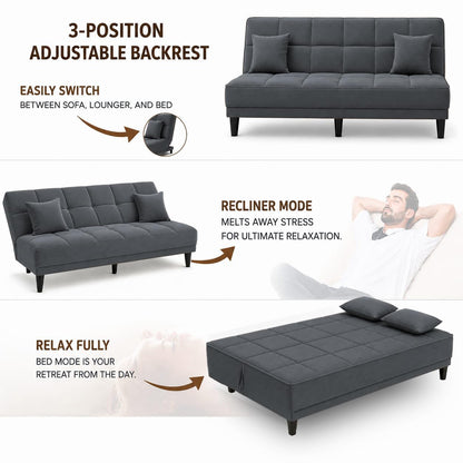 Adorn India Alyssum 3 Seater Sofa Cum Bed 4X6 Velvet 2 Cushions (Color Grey) and Suitable for All Indoor, with 3 Years Warranty