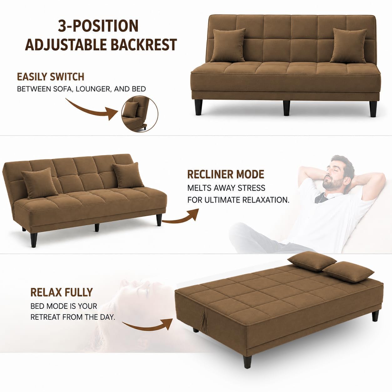 Adorn India Alyssum 3 Seater Sofa Cum Bed 4X6 Velvet 2 Cushions (Color Camel) and Suitable for All Indoor, with 3 Years Warranty