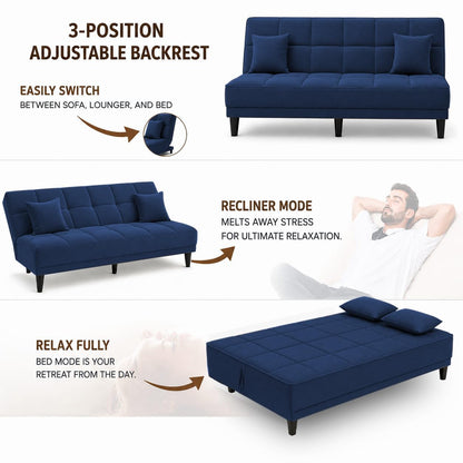 Adorn India Alyssum 3 Seater Sofa Cum Bed 4X6 Velvet 2 Cushions (Color Blue) and Suitable for All Indoor, with 3 Years Warranty