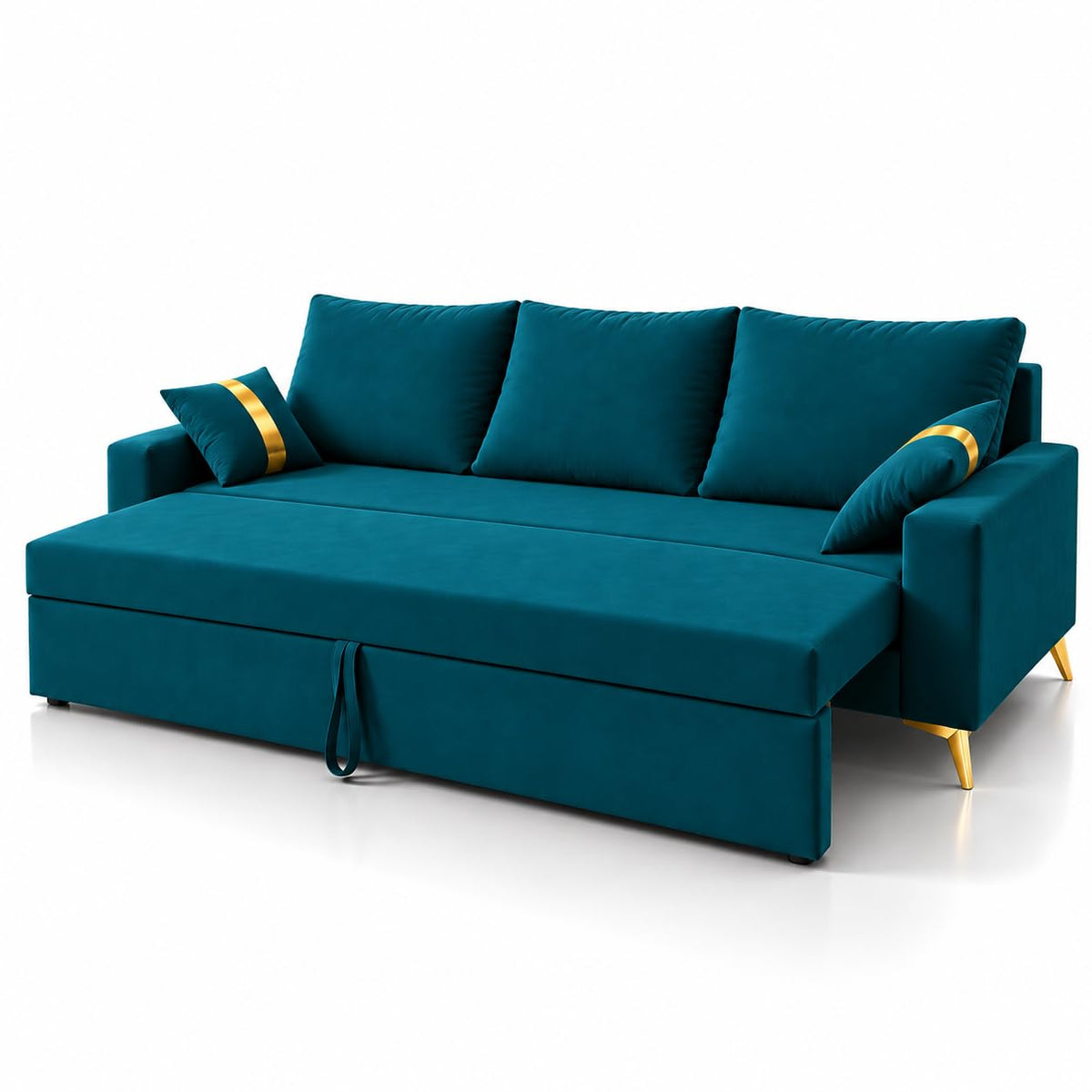 Adorn India Damian Plus 3-Seater Sofa Cum Bed | Velvet Suede Fabric | Ocean Blue