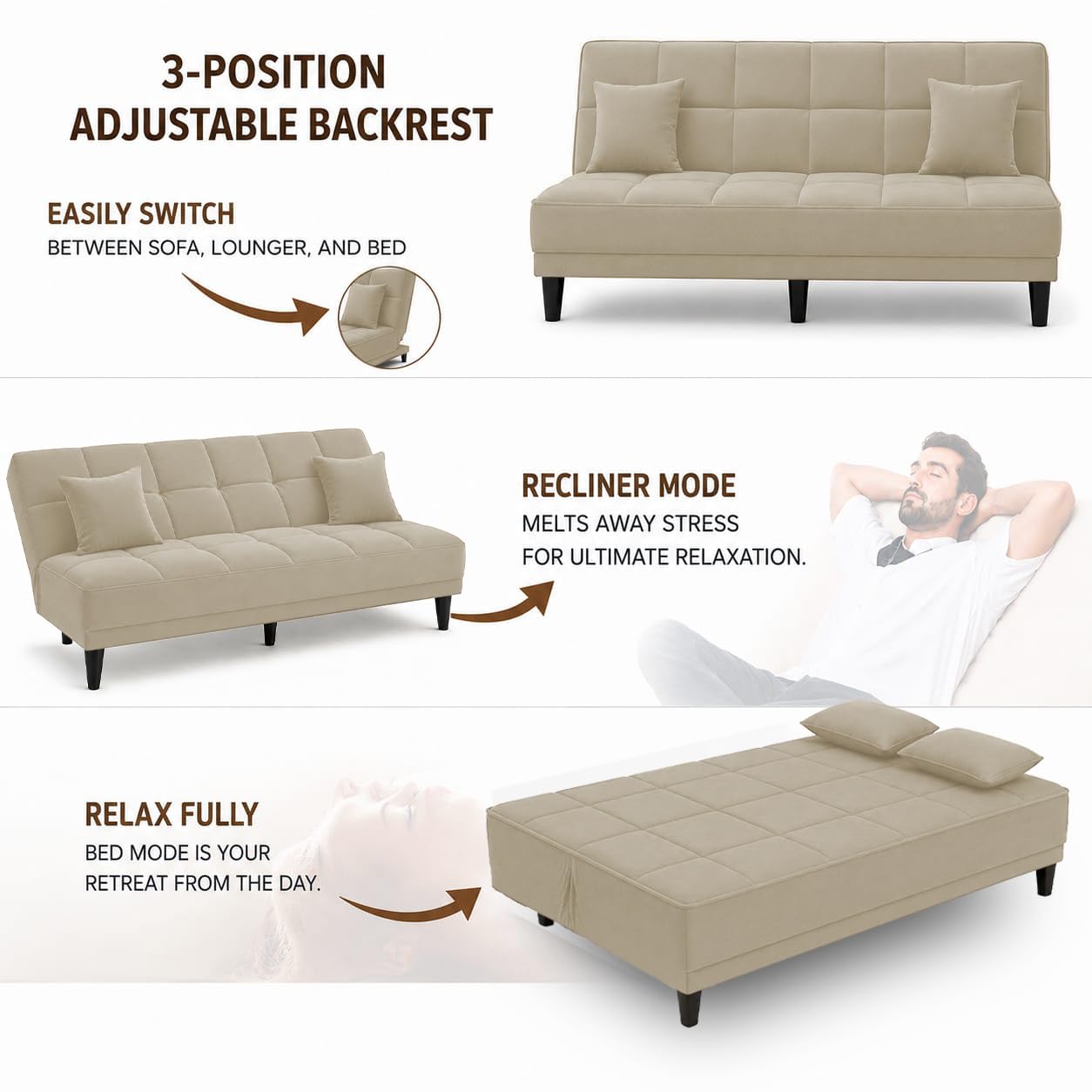Adorn India Alyssum 3 Seater Sofa Cum Bed 4X6 Velvet 2 Cushions (Color Beige) and Suitable for All Indoor, with 3 Years Warranty
