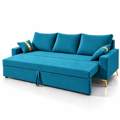 Adorn India Damian Plus 3-Seater Sofa Cum Bed | Velvet Suede Fabric |Aqua Blue