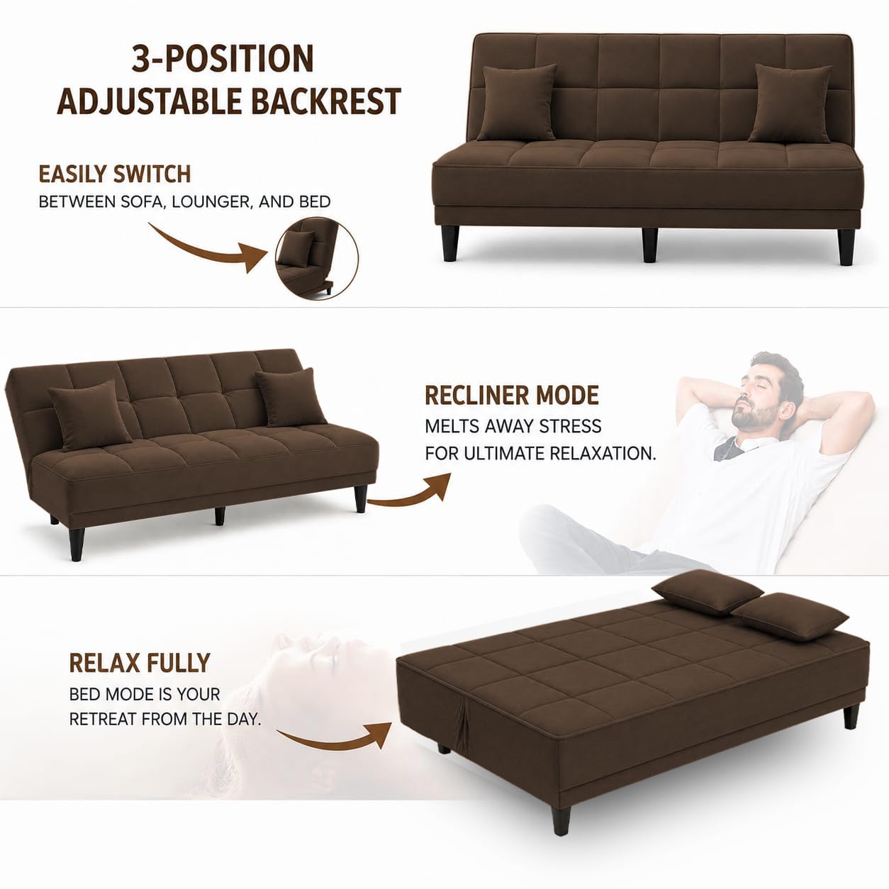 Adorn India Alyssum 3 Seater Sofa Cum Bed 4X6 Velvet 2 Cushions (Color Brown) and Suitable for All Indoor, with 3 Years Warranty