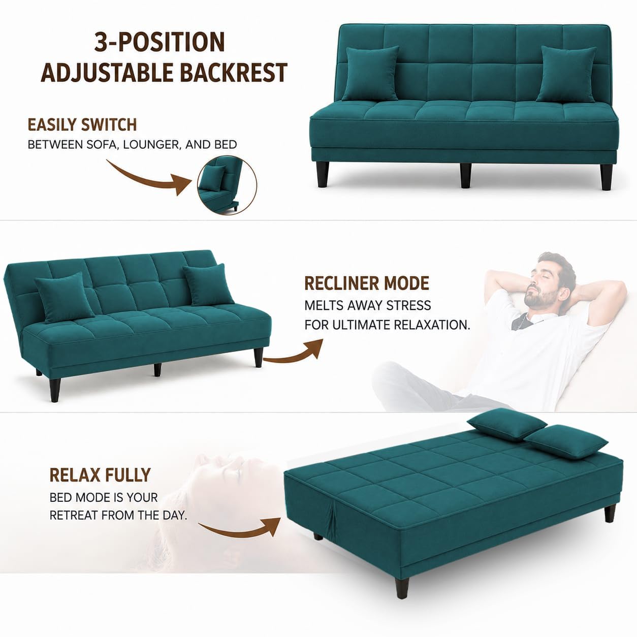 Adorn India Alyssum 3 Seater Sofa Cum Bed 4X6 Velvet 2 Cushions (Color Aqua Blue) and Suitable for All Indoor, with 3 Years Warranty