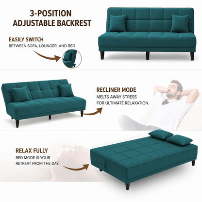 Adorn India Alyssum 3 Seater Sofa Cum Bed 4X6 Velvet 2 Cushions (Color Aqua Blue) and Suitable for All Indoor, with 3 Years Warranty