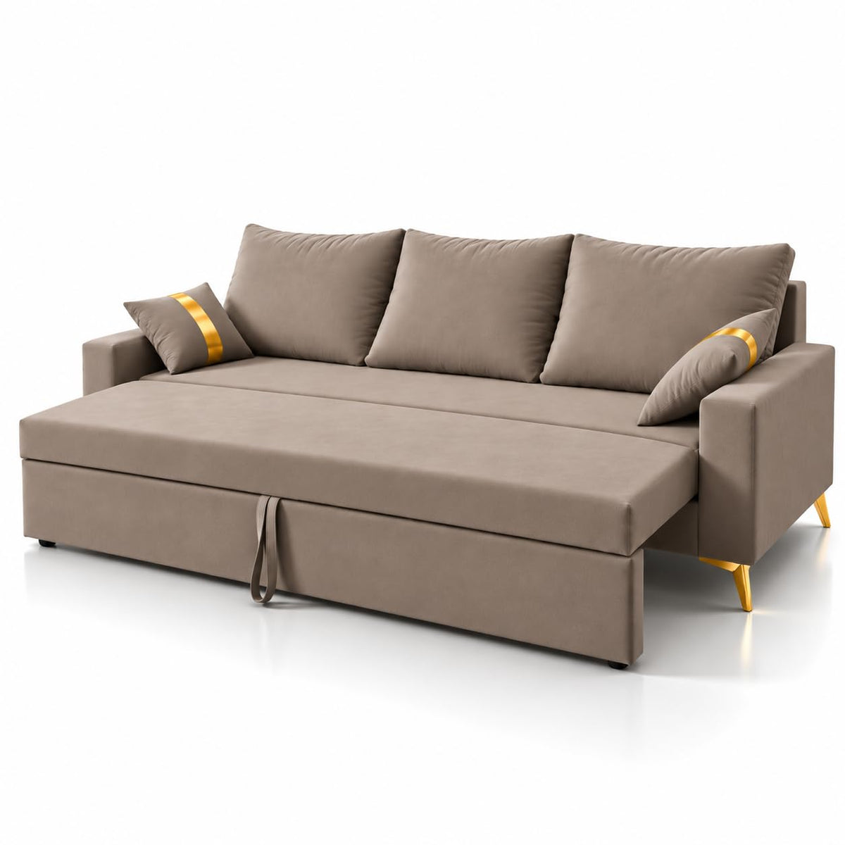 Adorn India Damian Plus 3-Seater Sofa Cum Bed | Velvet Suede Fabric | Beige