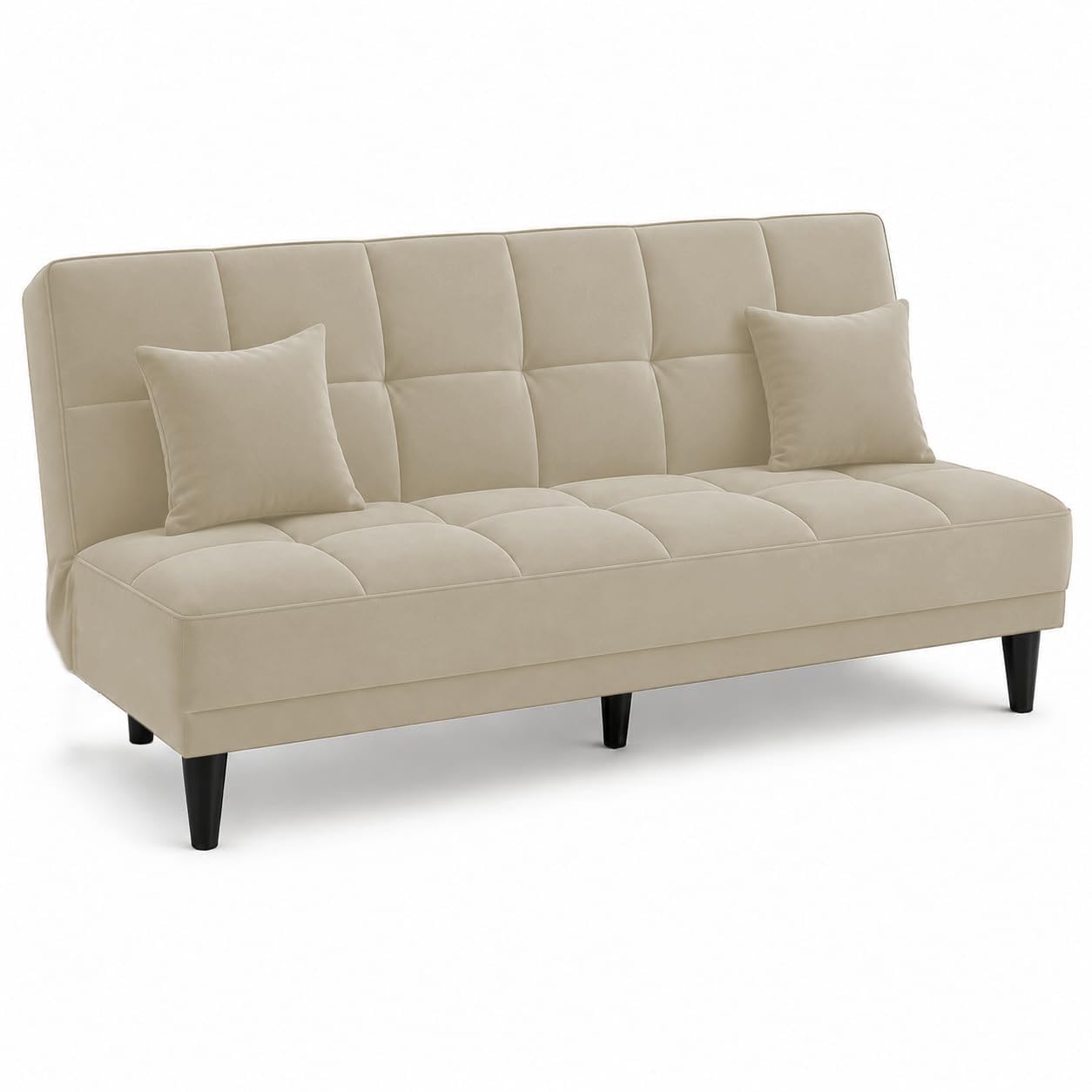 Adorn India Alyssum 3 Seater Sofa Cum Bed 4X6 Velvet 2 Cushions (Color Beige) and Suitable for All Indoor, with 3 Years Warranty
