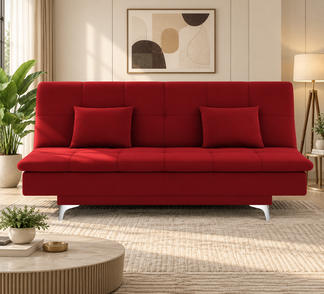 Premium 3 Seater Sofa Cum Bed New Aspen 4x6Velvet Suede with 2 Cushions (Color Red) and