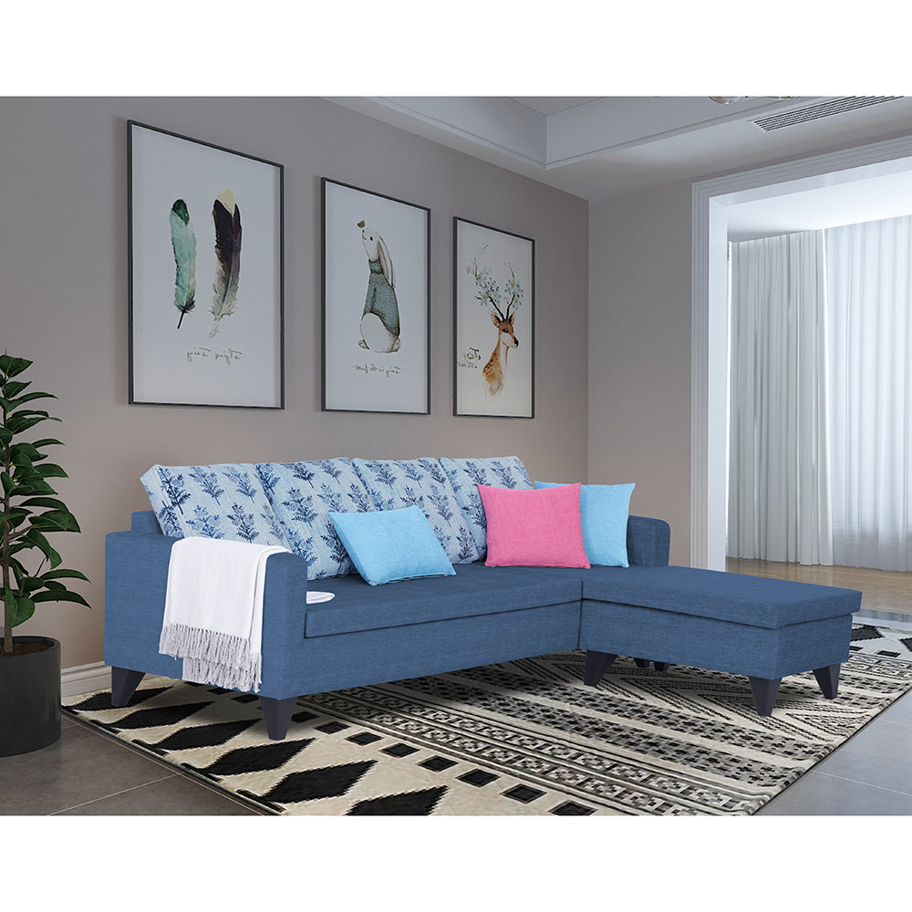 Adorn India Bruce Leaf L Shape 5 Seater Sofa Set (Right Hand Side) (Blue)