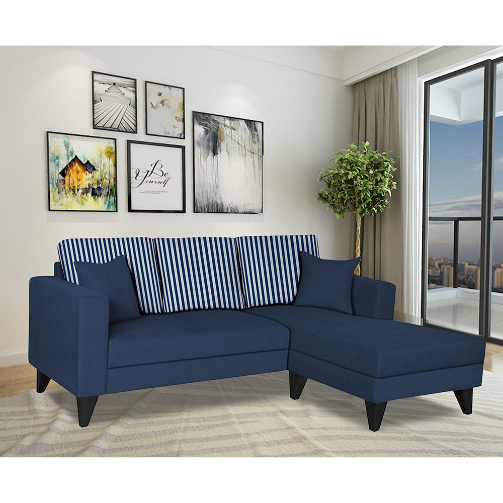 Adorn India Hector Stripes L Shape 4 Seater Sofa Set (Right Hand Side, Blue) Martin Plus (3 Year Warranty)