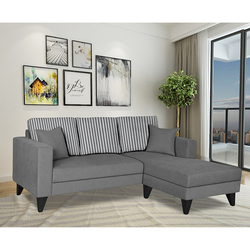 Adorn India Hector Stripes L Shape 4 Seater Sofa Set (Right Hand Side) (Grey) Martin Plus