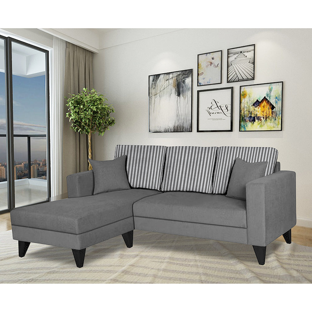 Adorn India Hector Stripes L Shape 4 Seater Sofa Set (Left Hand Side) (Grey) Martin Plus