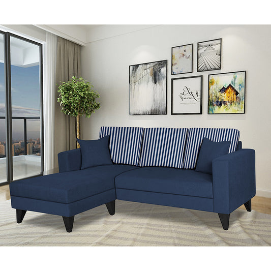 Adorn India Hector Stripes L Shape 4 Seater Sofa Set (Left Hand Side) (Blue) Martin Plus
