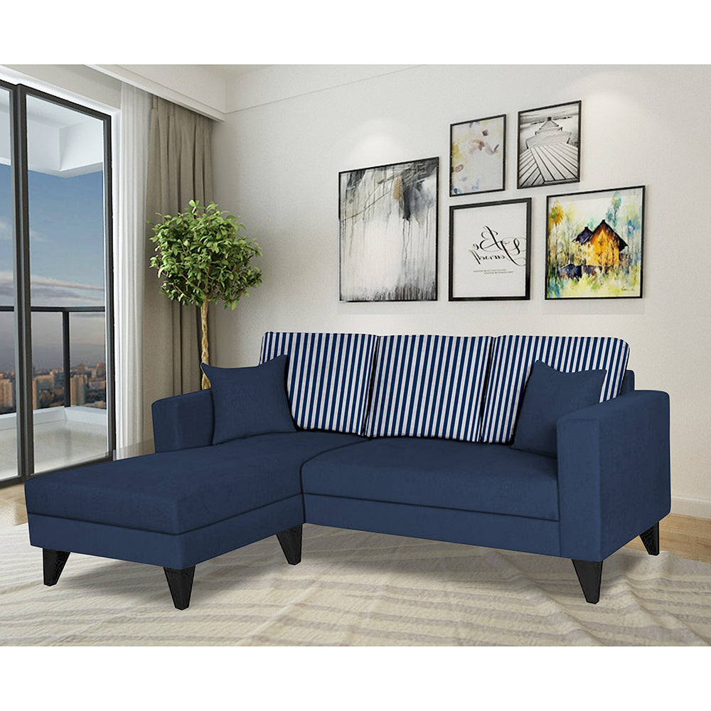 Adorn India Hector Stripes L Shape 4 Seater Sofa Set (Left Hand Side) (Blue) Martin Plus