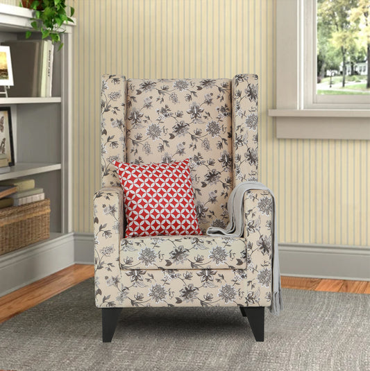Adorn India Christopher 1 Seater Wing Chair Floral Print with Puffy (Beige)