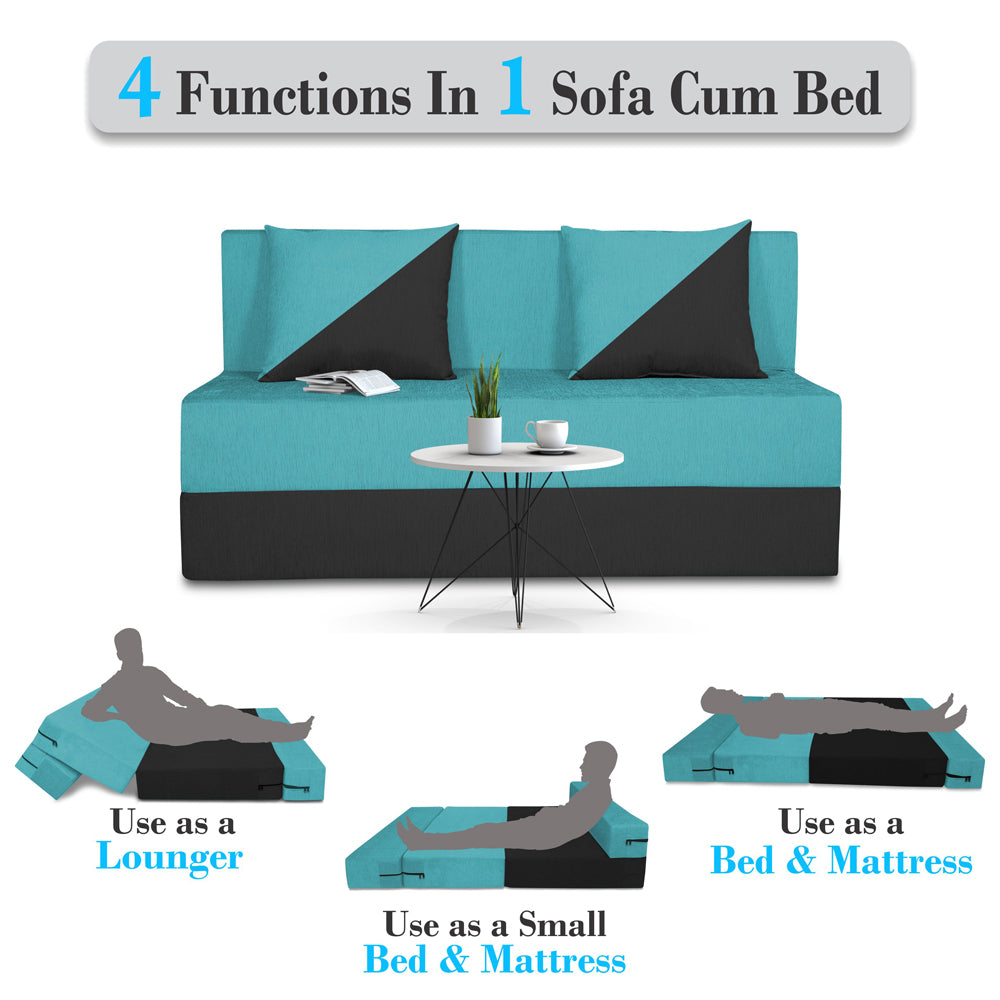 Adorn India Easy Desmond 2 Seater Sofa Cum Bed 4 x 6 (Aqua Blue & Black) (1 Year Warranty)