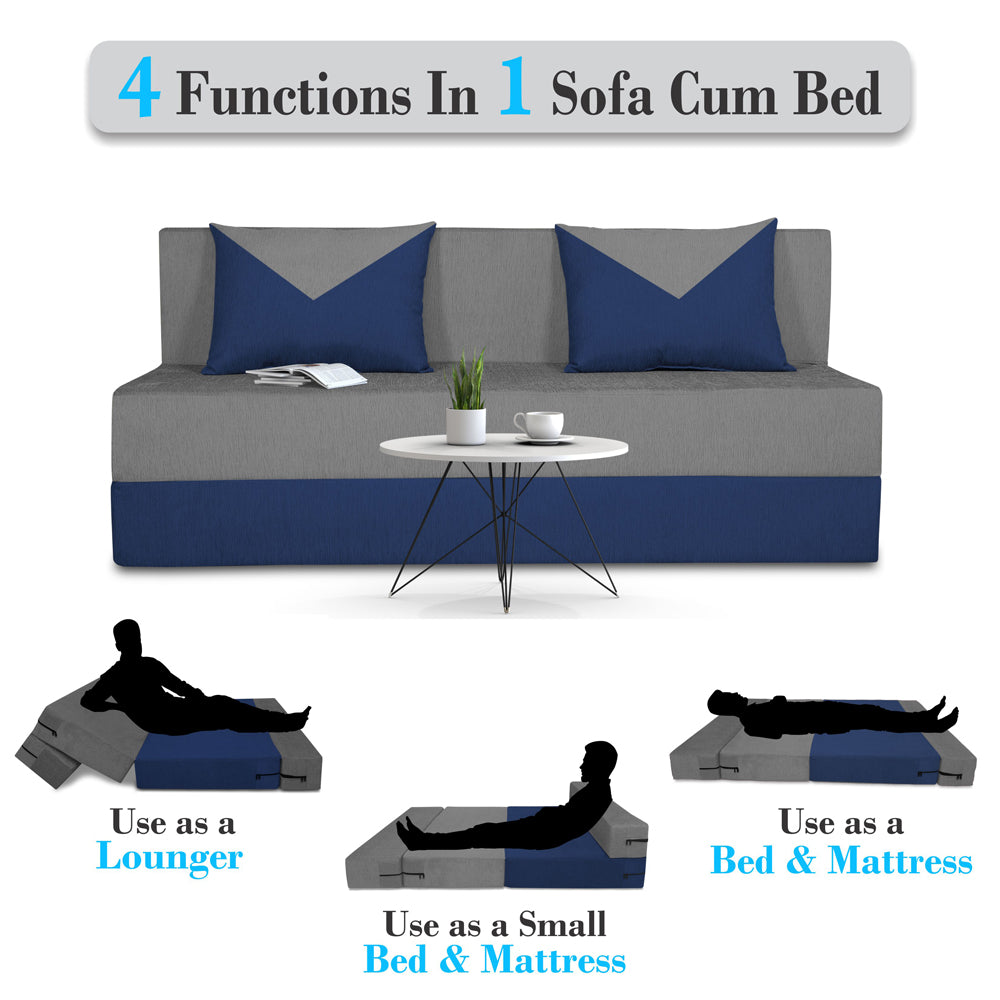 Adorn India Foam Easy Boom 3 Seater Sofa Cum Bed 5 X 6 (Blue & Grey) (1 Year Warranty)