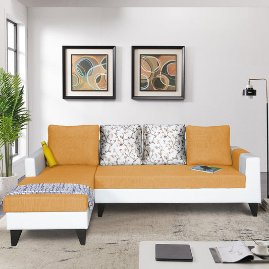 Adorn India Ashley Leatherette Fabric L Shape 6 Seater Sofa Set Digitel Print (Left Hand Side) (Beige & White)