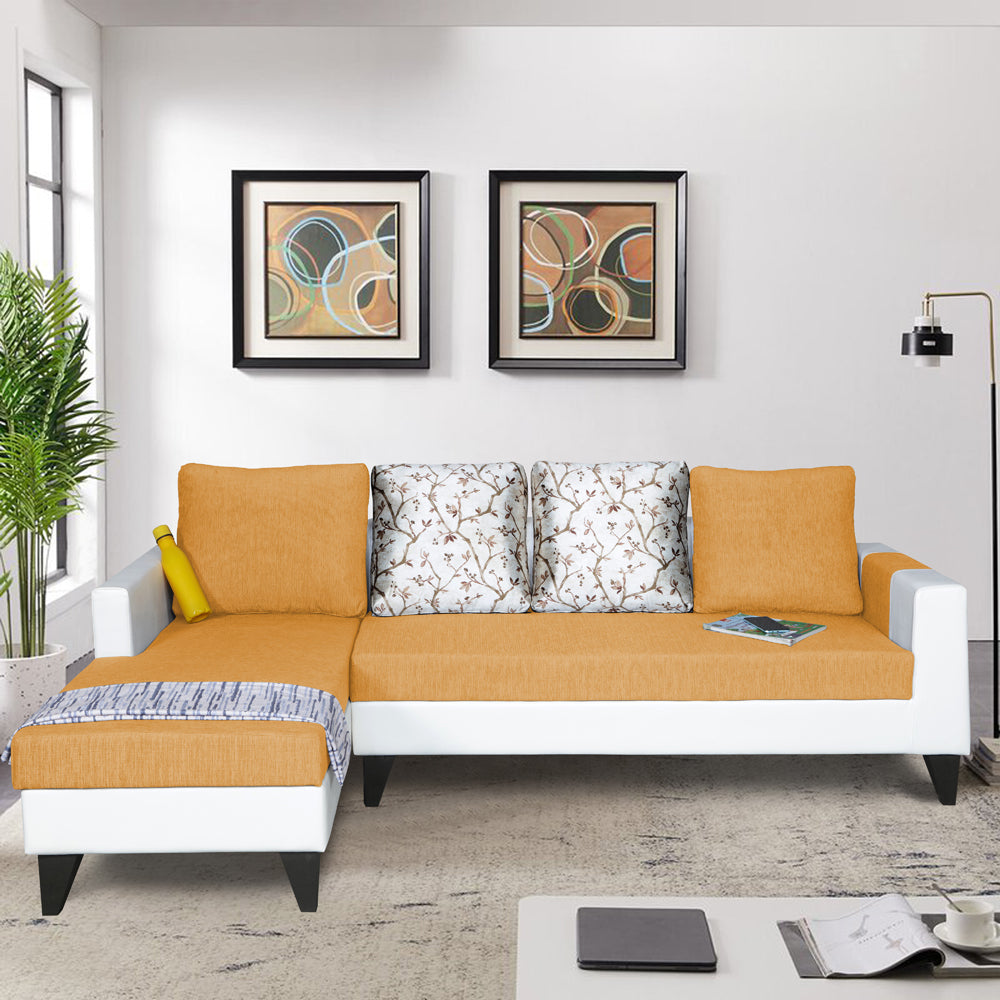 Adorn India Ashley Leatherette Fabric L Shape 6 Seater Sofa Set Digitel Print (Left Hand Side) (Beige & White) (3 Year Warranty)
