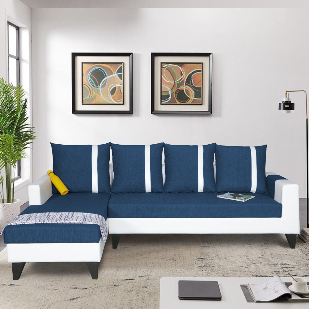 Adorn India Ashley Leatherette Fabric L Shape 6 Seater Sofa Set Stripes (Left Hand Side) (Blue & White) (3 Year Warranty)