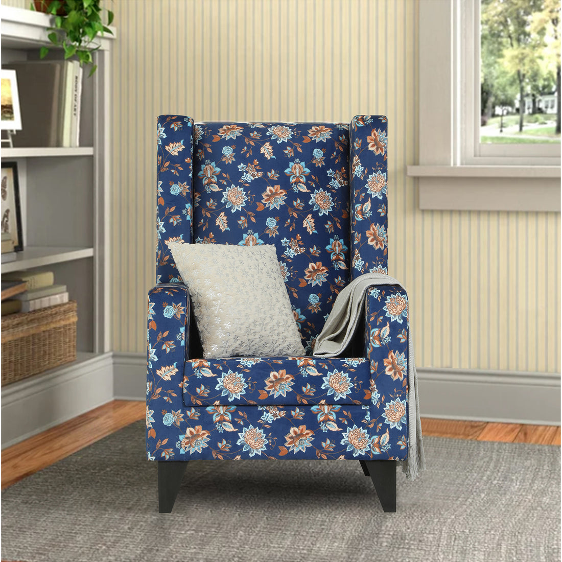 Adorn India Christopher 1 Seater Wing Chair Floral Print with Puffy (Blue)