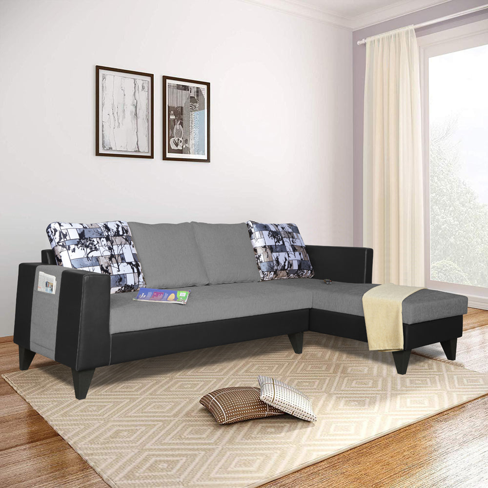Adorn India Ashley L Shape 6 Seater Sofa Set Leatherette Fabric Digitel Print (Right Hand Side) (Grey & Black) (3 Year Warranty)