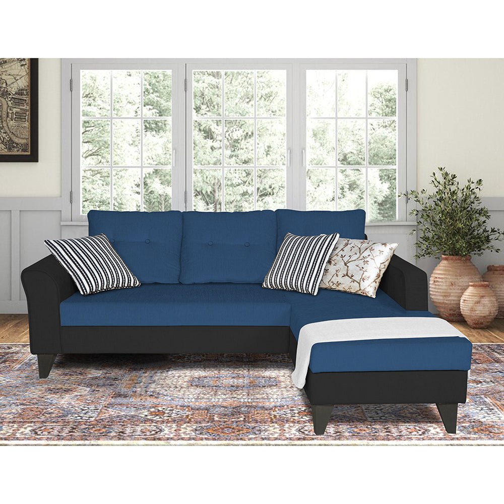 Adorn India Maddox L Shape 4 Seater Sofa Set Tufted Two Tone RHS (Blue & Black) (3 Year Warranty)
