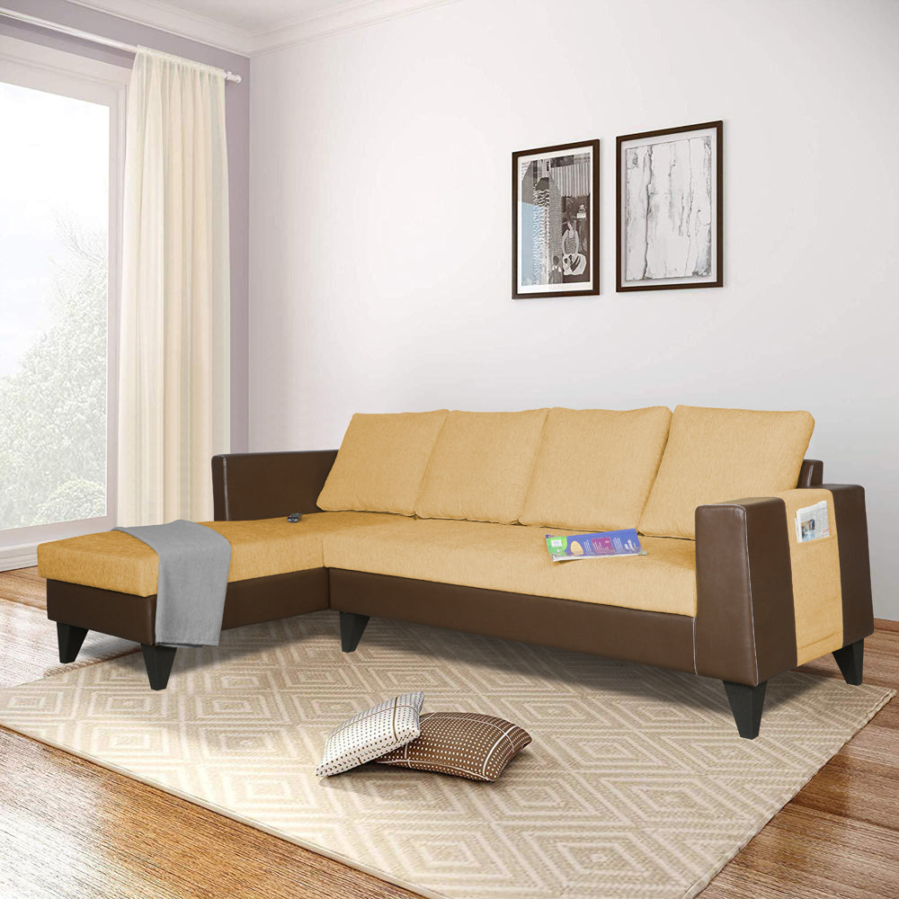 Adorn India Ashley L Shape 6 Seater Sofa Set Leatherette Fabric Plain (Left Hand Side) (Brown & Beige) (3 Year Warranty)