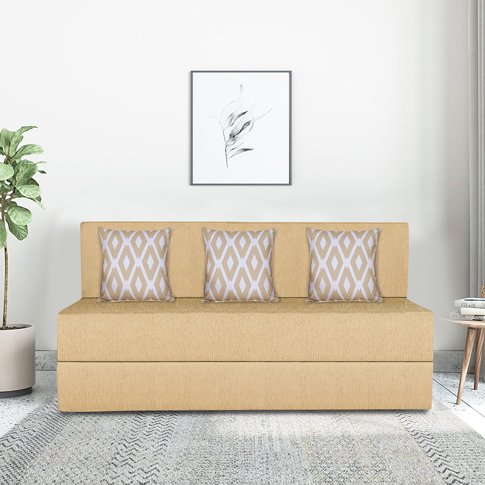 Adorn India Easy 3 Seater Sofa Cum Bed (Rhombus Pattern) Chennile Fabric - Washable Cover - Including 3 Cushion - Size 5' x 6' Ft (Beige Color) Perfect for Home & Office for Guests