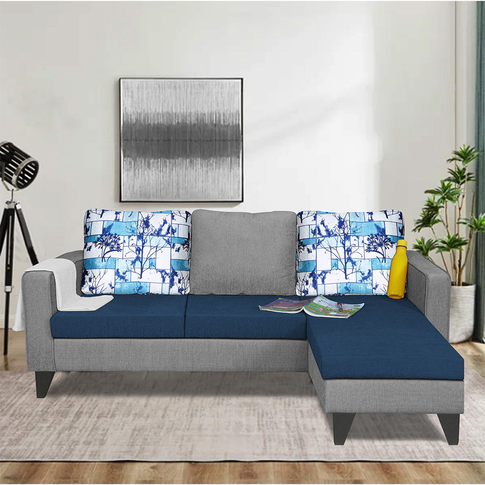 Adorn India Hallton L Shape 4 Seater Sofa Set Digital Print (Blue & Grey) (3 Year Warranty)