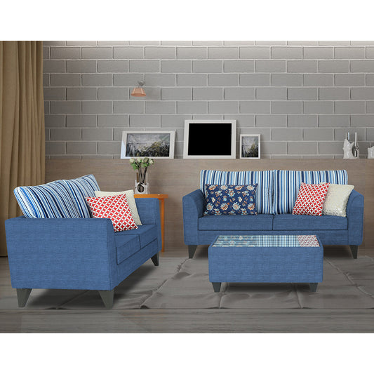 Adorn India Lawson Stripes 3+2 5 Seater Sofa Set with Centre Table (Blue)