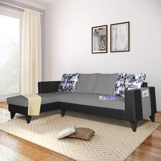 Adorn India Ashley L Shape 6 Seater Sofa Set Leatherette Fabric Digitel Print (Left Hand Side) (Grey & Black)