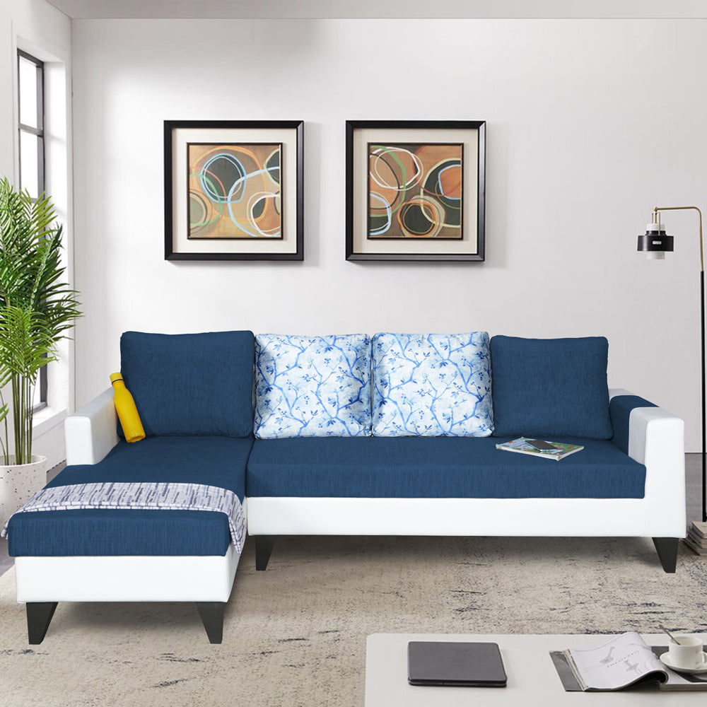 Adorn India Ashley Leatherette Fabric L Shape 6 Seater Sofa Set Digitel Print (Left Hand Side) (Blue & White) (3 Year Warranty)