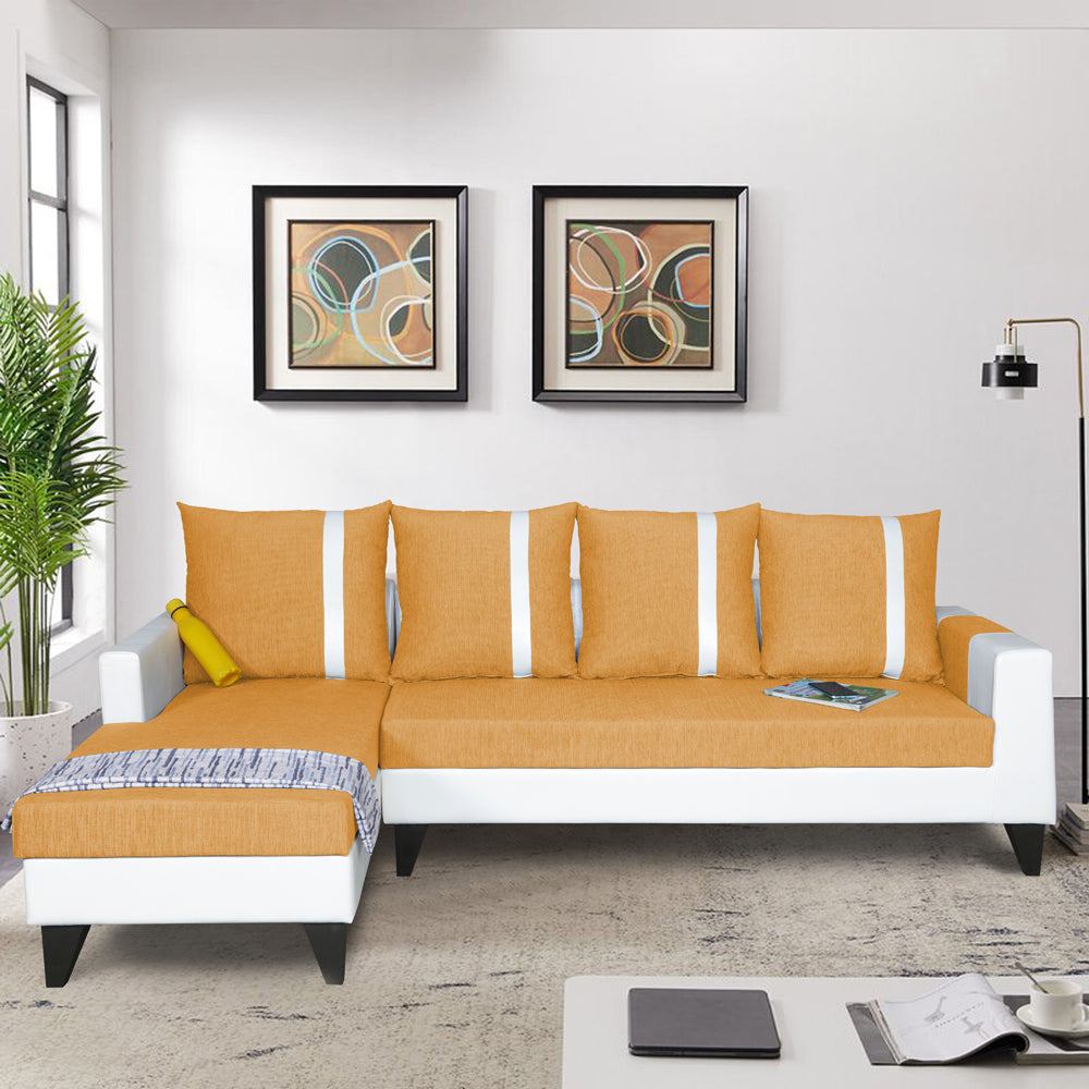 Adorn India Ashley Leatherette Fabric L Shape 6 Seater Sofa Set Stripes (Left Hand Side) (Beige & White) (3 Year Warranty)