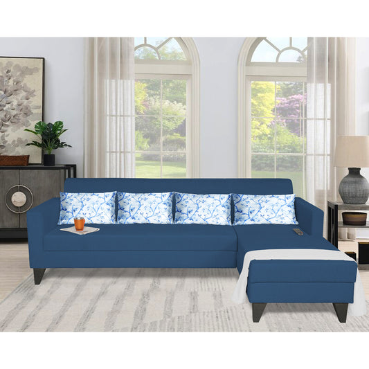 Adorn India Bladen L Shape 5 Seater Sofa Set Floral Print (Right Hand Side) (Blue)