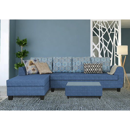 Adorn India Raiden Damask L Shape 6 Seater Sofa Set with Center Table (Left Hand Side) (Blue)