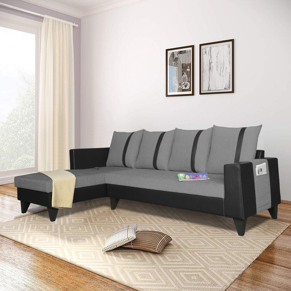 Adorn India Ashley L Shape 6 Seater Sofa Set Leatherette Fabric Stripes (Left Hand Side) (Grey & Black) (3 Year Warranty)