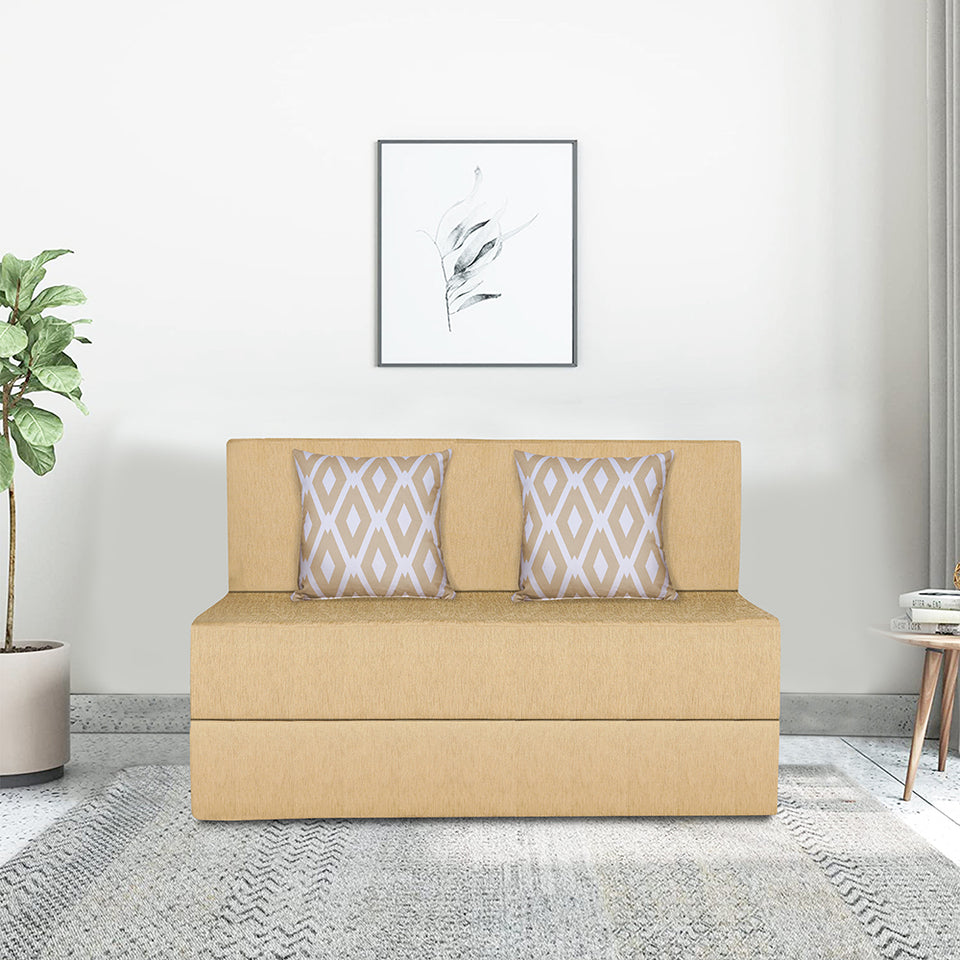 2 Seater Sofa Cum Bed Easy (Rhombus Pattern) Chennile Fabric - - Including 2 Cushion - Size 4x6 (Beige Color)