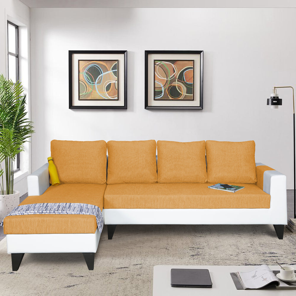 Adorn India Ashley Leatherette Fabric L Shape 6 Seater Sofa Set Plain (Left Hand Side) (Beige & White) (3 Year Warranty)