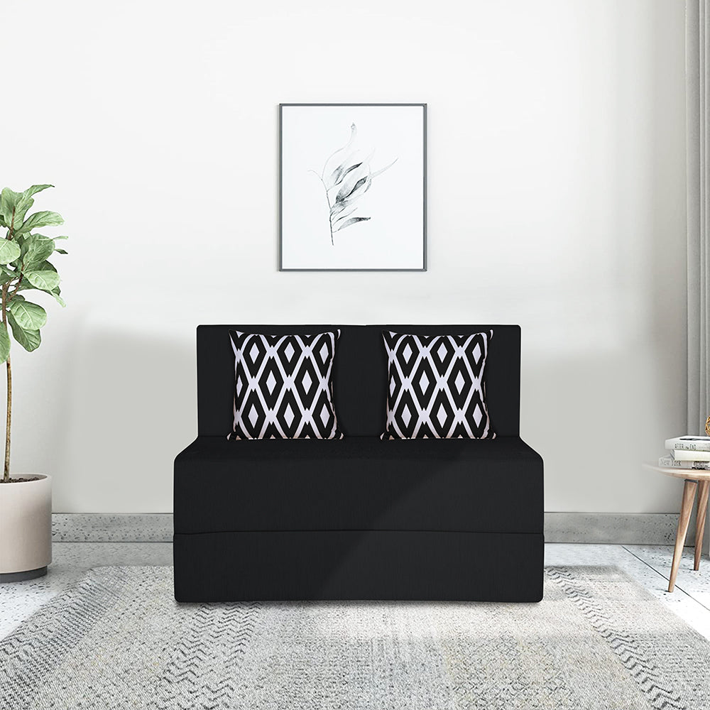 Adorn India Easy 2 Seater Sofa Cum Bed (Rhombus Pattern) Chennile Fabric - Washable Cover - Including 2 Cushion - Size 3' x 6' Ft (Black Color) Perfect for Home & Office for Guests