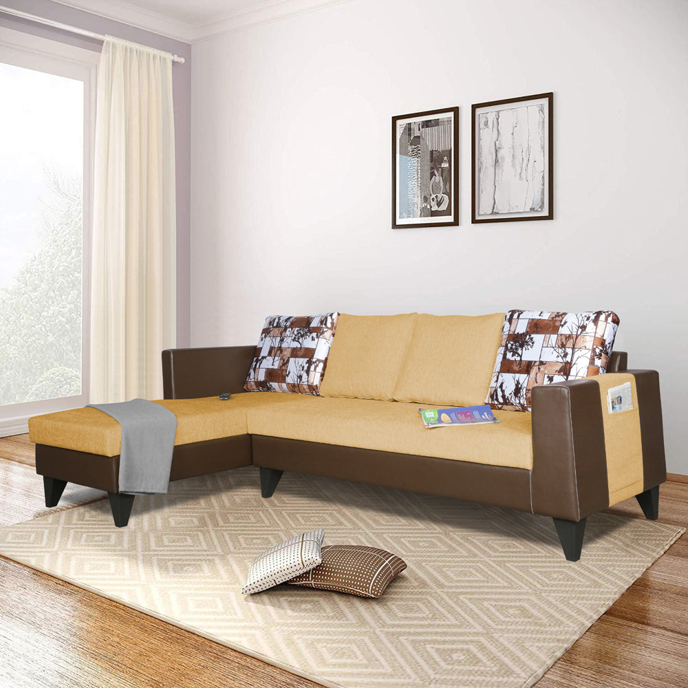 Adorn India Ashley L Shape 6 Seater Sofa Set Leatherette Fabric Digitel Print (Left Hand Side) (Brown & Beige) (3 Year Warranty)