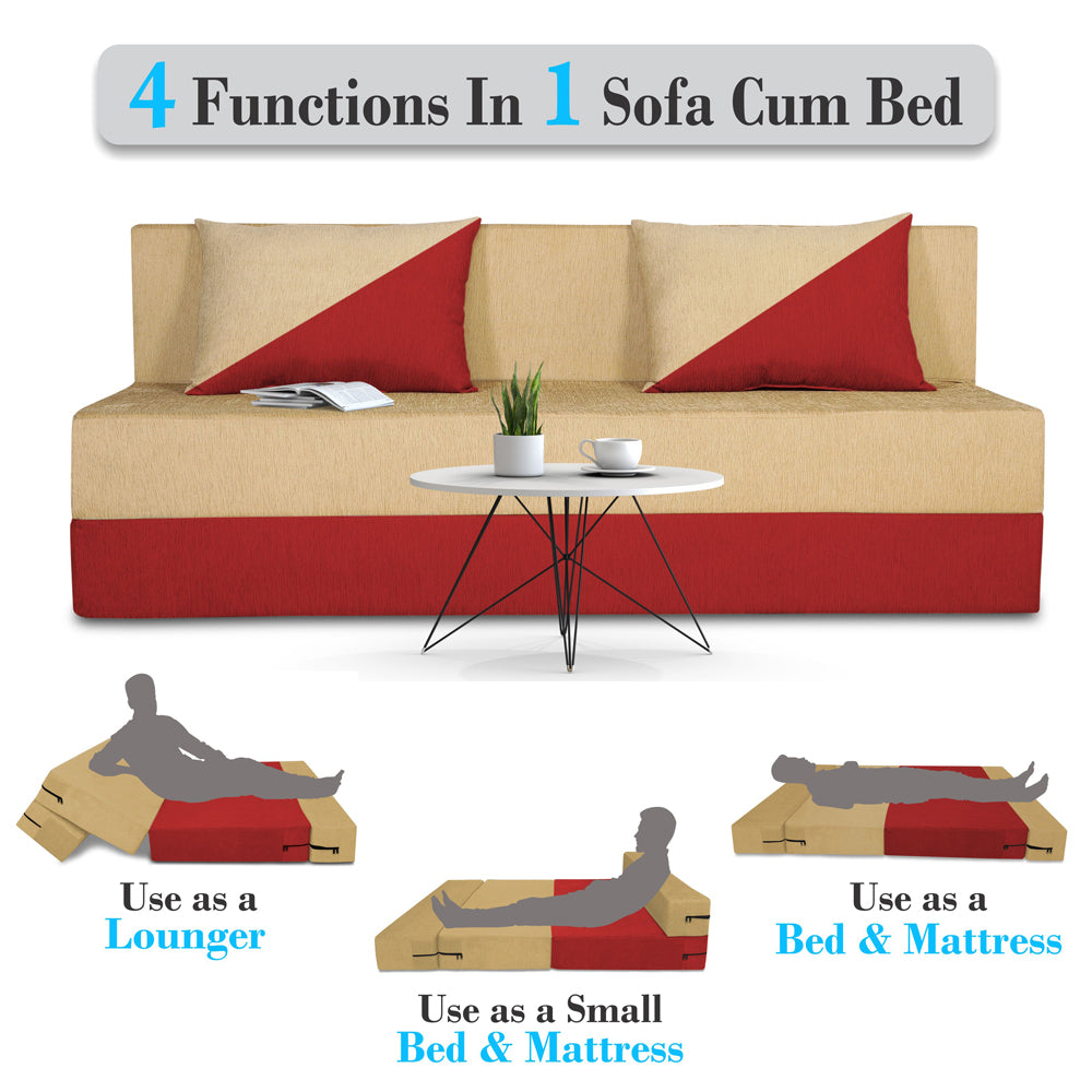 Adorn India Easy Desmond 4 Seater Sofa Cum Bed 6 x 6 (Red & Beige) (1 Year Warranty)